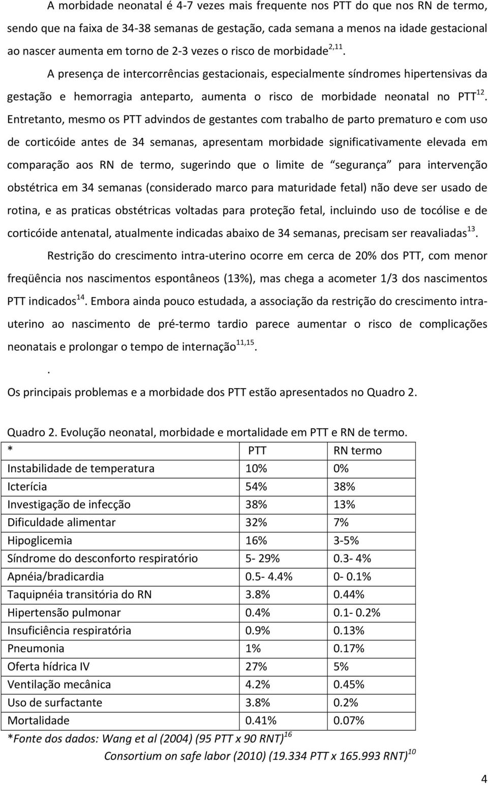 A presença de intercorrências gestacionais, especialmente síndromes hipertensivas da gestação e hemorragia anteparto, aumenta o risco de morbidade neonatal no PTT 12.