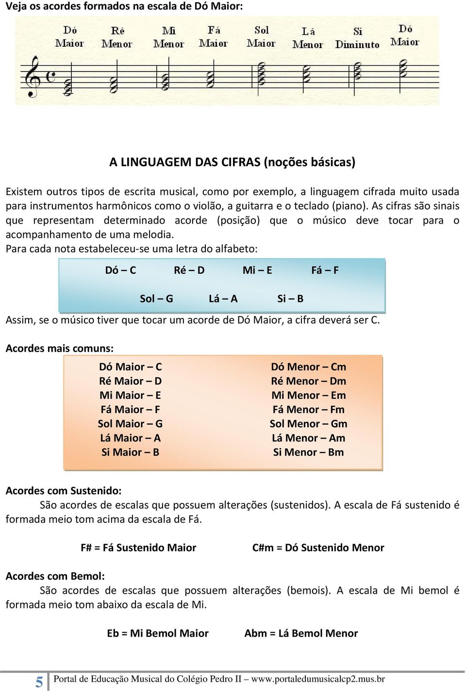 Para cada nota estabeleceu se uma letra do alfabeto: Dó C Ré D Mi E Fá F Sol G Lá A Si B Assim, se o músico tiver que tocar um acorde de Dó Maior, a cifra deverá ser C.