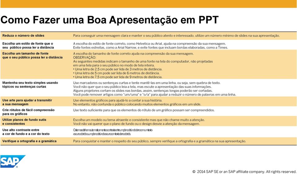 consistentes Use alto contraste entre a cor de fundo e a cor do texto Verifique a ortografia e a gramática Para conseguir uma mensagem clara e manter o seu público atento e interessado, utilize um