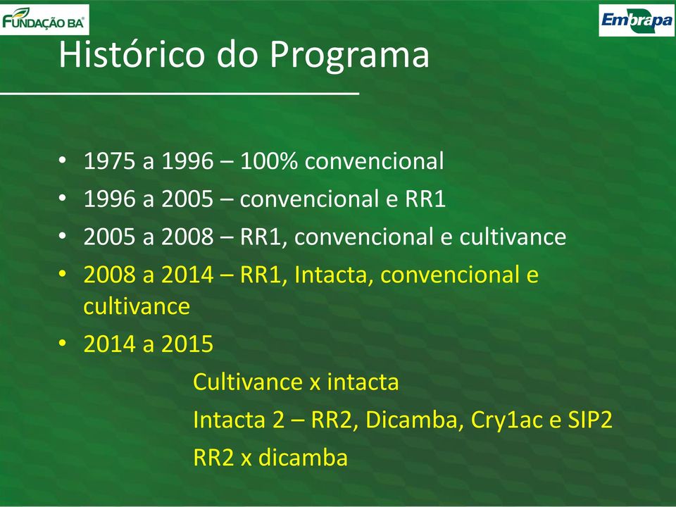 2008 a 2014 RR1, Intacta, convencional e cultivance 2014 a 2015