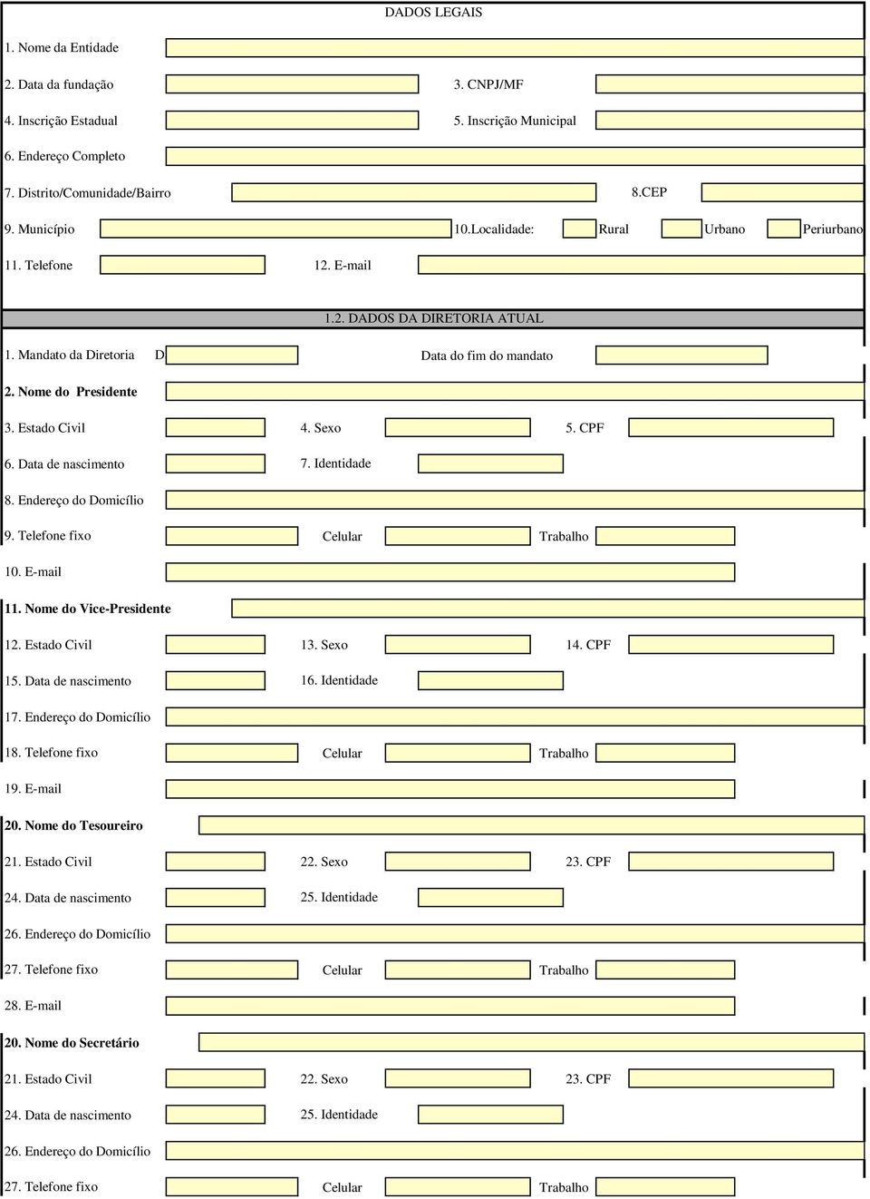 Sexo 5. CPF 6. Data de nascimento 7. Identidade 8. Endereço do Domicílio 9. Telefone fixo Celular Trabalho 10. E-mail 11. Nome do Vice-Presidente 12. Estado Civil 13. Sexo 14. CPF 15.
