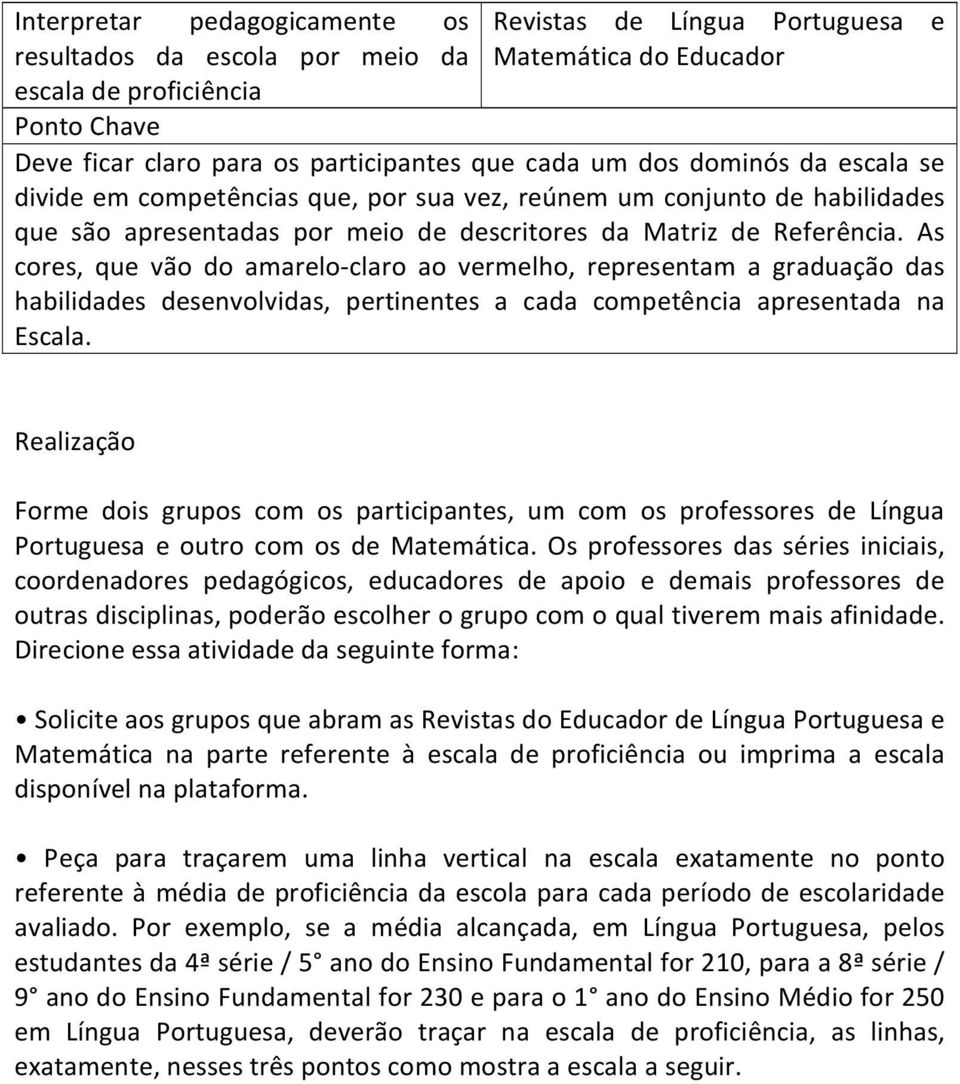 As cores, que vão do amarelo-claro ao vermelho, representam a graduação das habilidades desenvolvidas, pertinentes a cada competência apresentada na Escala.