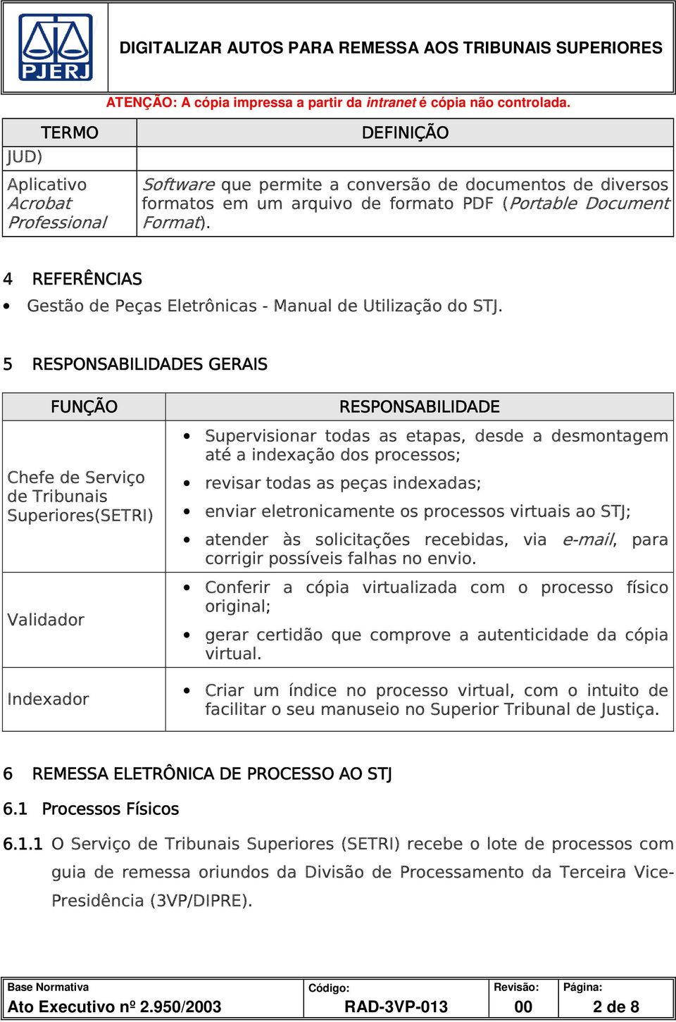 5 RESPONSABILIDADES GERAIS FUNÇÃO Chefe de Serviço de Tribunais Superiores(SETRI) Validador Indexador RESPONSABILIDADE Supervisionar todas as etapas, desde a desmontagem até a indexação dos