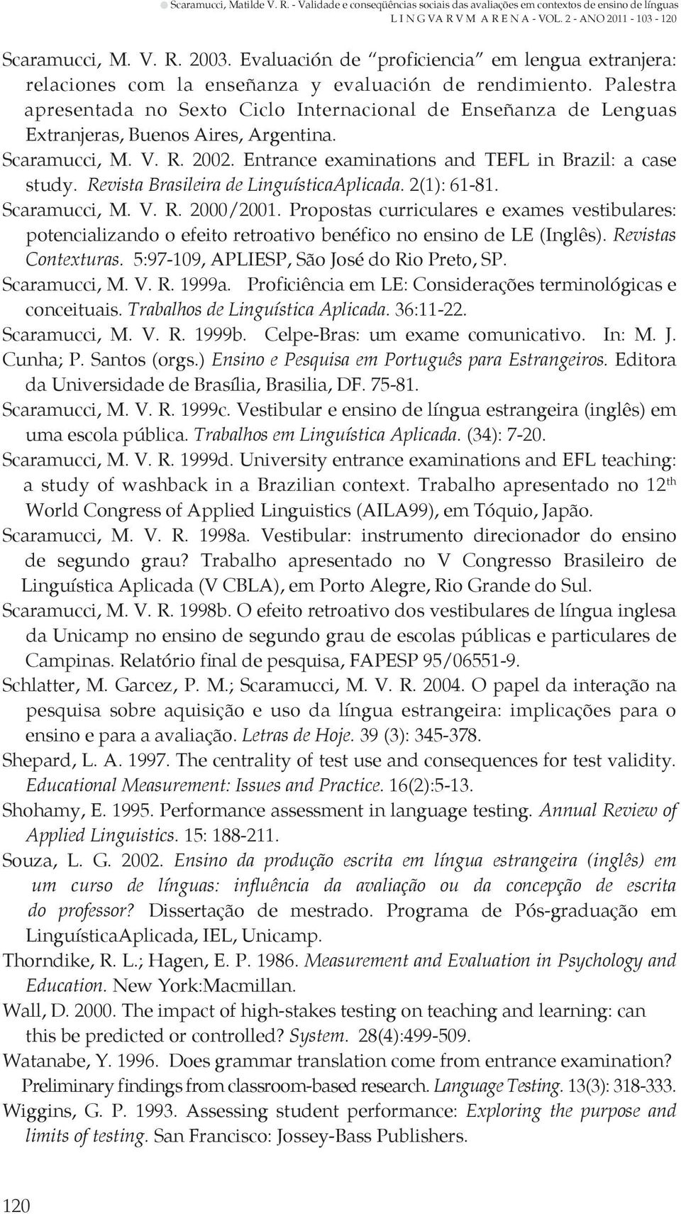 Revista Brasileira de LinguísticaAplicada. 2(1): 61-81. Scaramucci, M. V. R. 2000/2001.