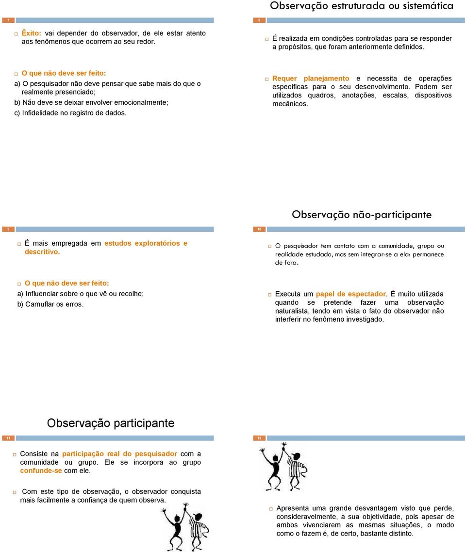 O que não deve ser feito: a) O pesquisador não deve pensar que sabe mais do que o realmente presenciado; b) Não deve se deixar envolver emocionalmente; c) Infidelidade no registro de dados.