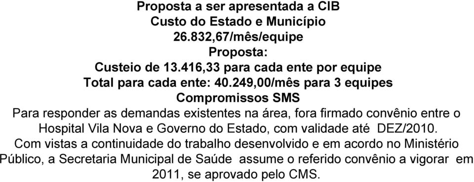 249,00/mês para 3 equipes Compromissos SMS Para responder as demandas existentes na área, fora firmado convênio entre o Hospital Vila