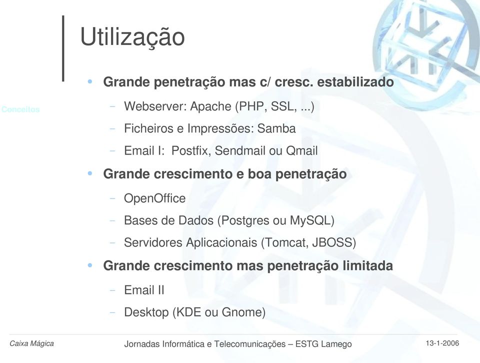 penetração OpenOffice Bases de Dados (Postgres ou MySQL) Servidores Aplicacionais (Tomcat, JBOSS)