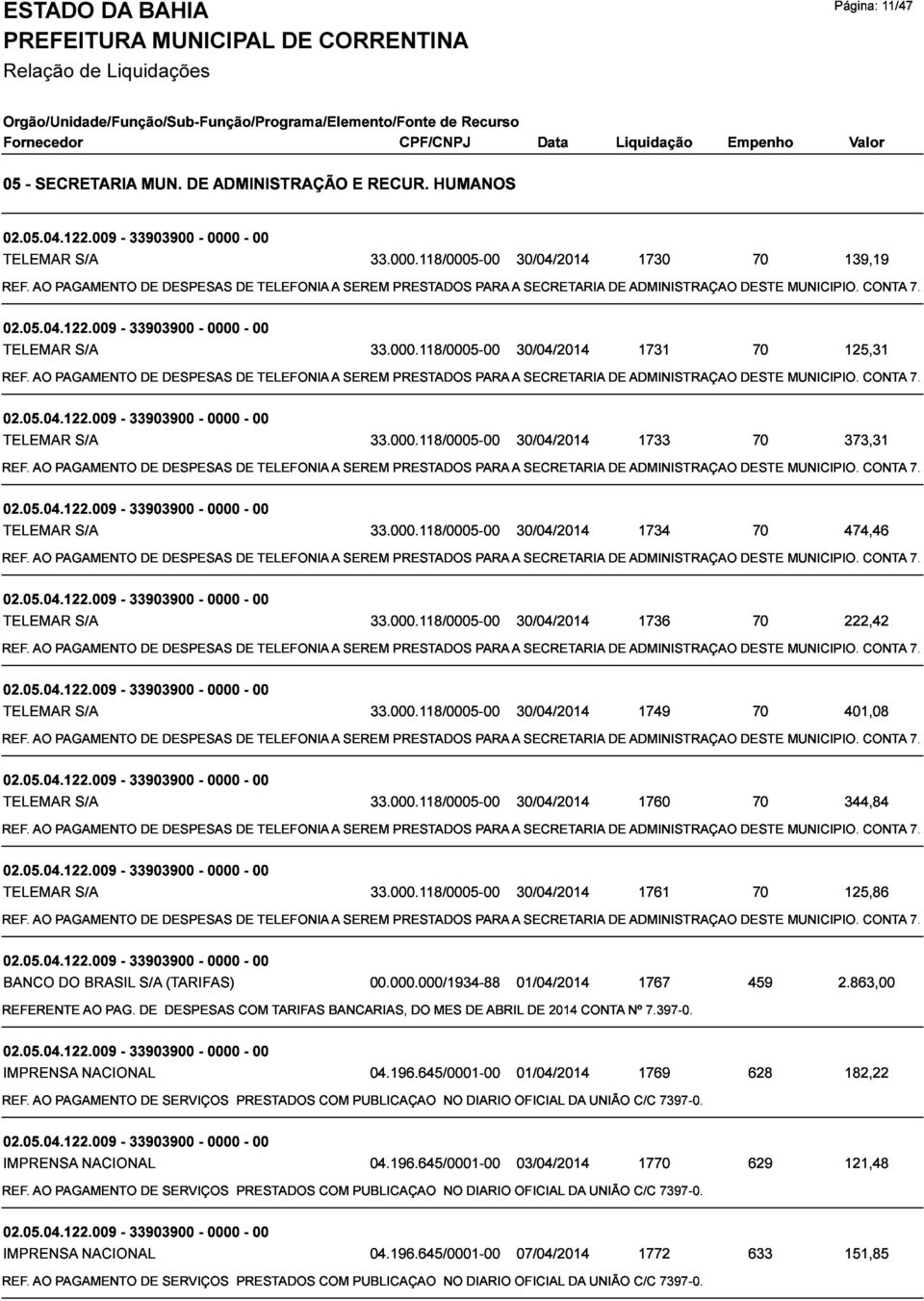 009 S/A 33903900 0000 00 33.000.118/0005-00 CONTA 7.397 REF. AO PAGAMENTO DE DESPESAS DE TELEFONIA SEREM PRESTADOS PARA 30/04/2014 SECRETARIA DE ADMINISTRAÇAO 1731 DESTE 70MUNICIPIO.