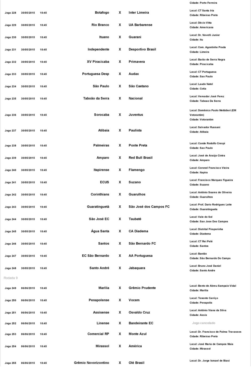 30/05/2015 10:45 Taboão da Serra X Nacional Local: CT Santa Iria Local: Décio Vitta Cidade: Americana Local: Dr. Novelli Junior Cidade: Itu Local: Com.
