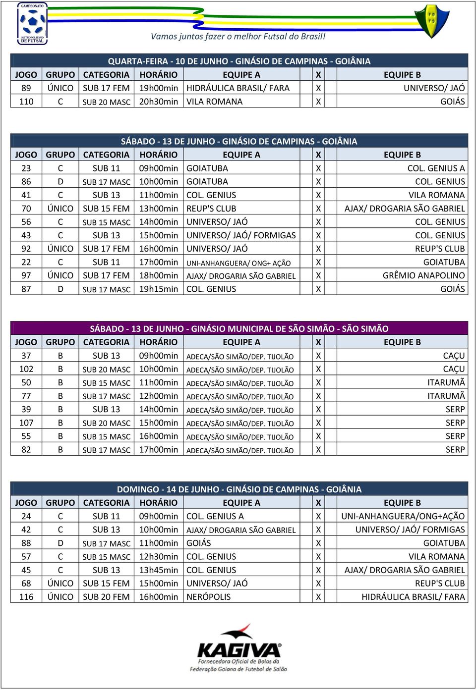 GENIUS X VILA ROMANA 70 ÚNICO SUB 15 FEM 13h00min REUP'S CLUB X AJAX/ DROGARIA SÃO GABRIEL 56 C SUB 15 MASC 14h00min UNIVERSO/ JAÓ X COL. GENIUS 43 C SUB 13 15h00min UNIVERSO/ JAÓ/ FORMIGAS X COL.