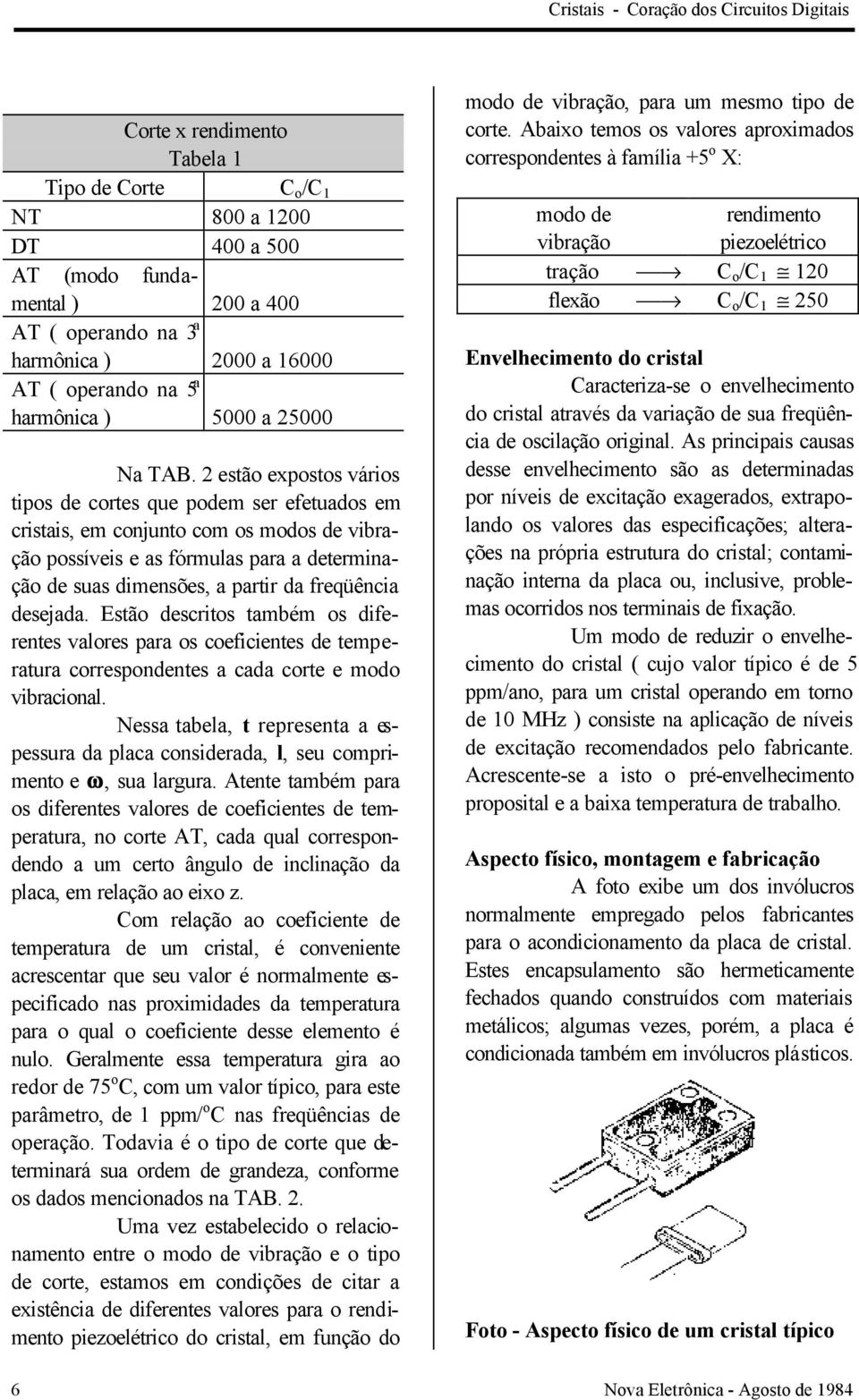 2 estão expostos vários tipos de cortes que podem ser efetuados em cristais, em conjunto com os modos de vibração possíveis e as fórmulas para a determinação de suas dimensões, a partir da freqüência