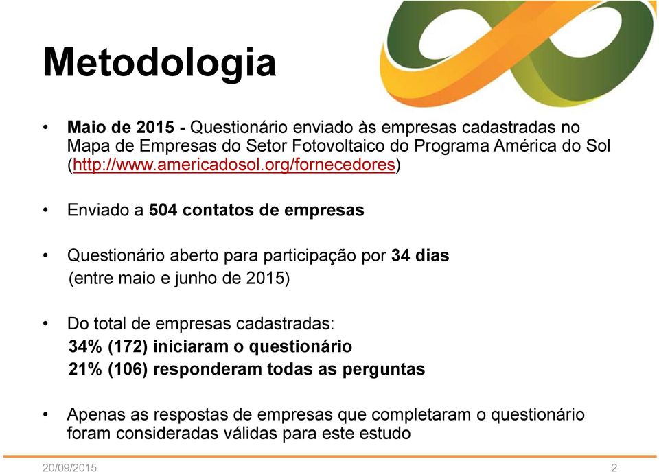 org/fornecedores) Enviado a 504 contatos de empresas Questionário aberto para participação por 34 dias (entre maio e junho de 2015)