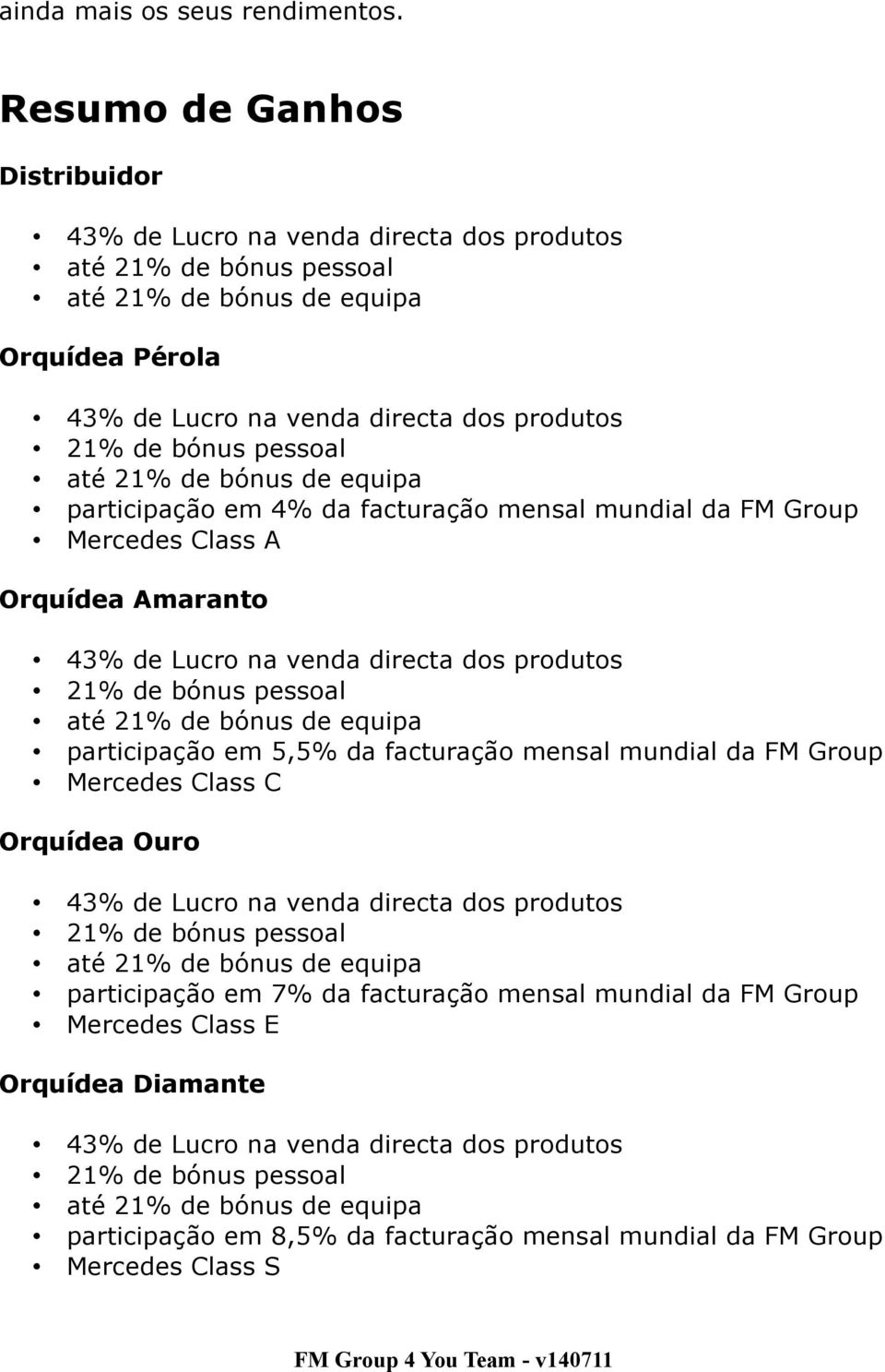 mundial da FM Group Mercedes Class A Orquídea Amaranto 21% de bónus pessoal participação em 5,5% da facturação mensal mundial da FM