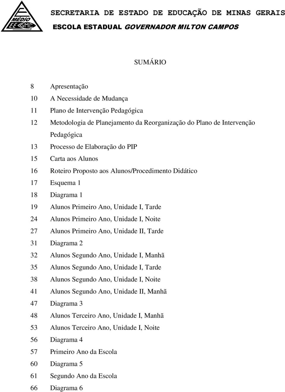 Primeiro Ano, Unidade II, Tarde 31 Diagrama 2 32 Alunos Segundo Ano, Unidade I, Manhã 35 Alunos Segundo Ano, Unidade I, Tarde 38 Alunos Segundo Ano, Unidade I, Noite 41 Alunos Segundo Ano, Unidade