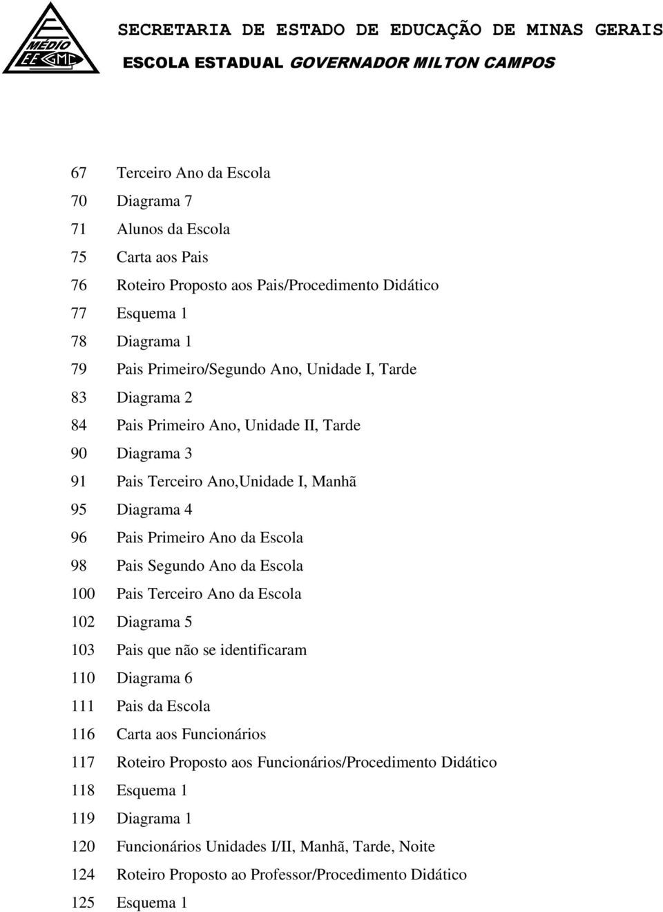 Segundo Ano da Escola 100 Pais Terceiro Ano da Escola 102 Diagrama 5 103 Pais que não se identificaram 110 Diagrama 6 111 Pais da Escola 116 Carta aos Funcionários 117 Roteiro