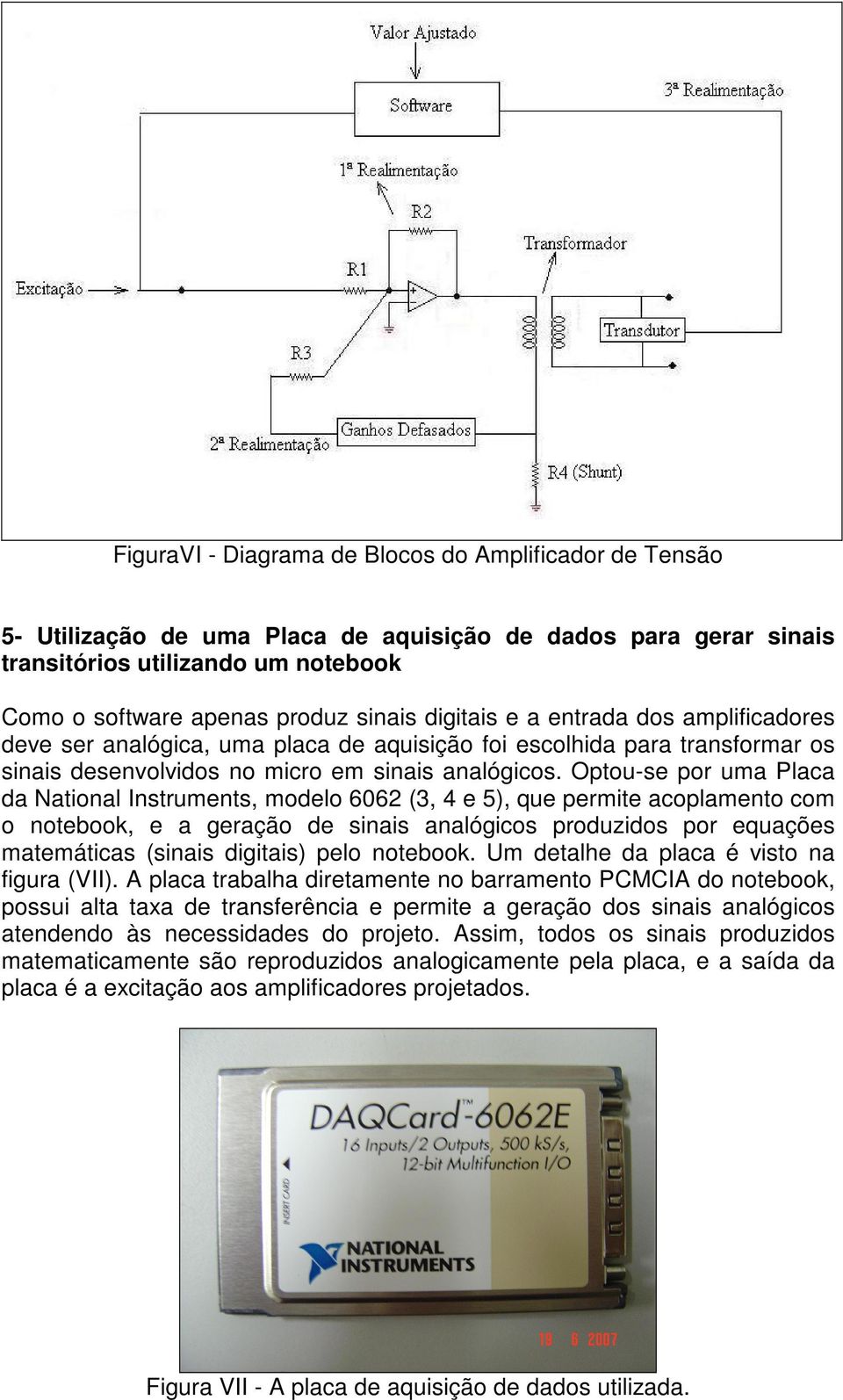 Optou-se por uma Placa da National Instruments, modelo 6062 (3, 4 e 5), que permite acoplamento com o notebook, e a geração de sinais analógicos produzidos por equações matemáticas (sinais digitais)