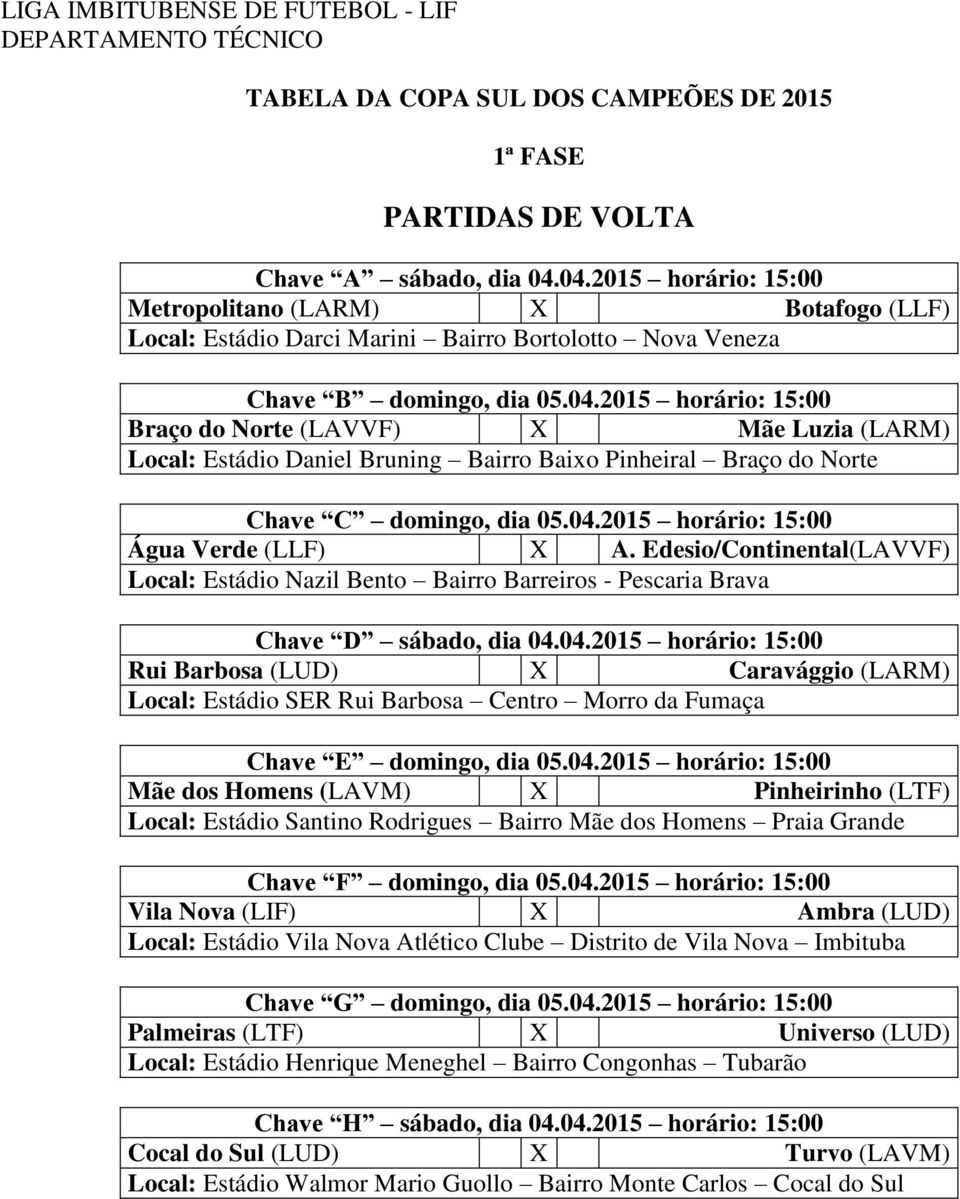 04.2015 horário: 15:00 Água Verde (LLF) X A. Edesio/Continental(LAVVF) Estádio Nazil Bento Bairro Barreiros - Pescaria Brava Chave D sábado, dia 04.04.2015 horário: 15:00 Rui Barbosa (LUD) X Caravággio (LARM) Estádio SER Rui Barbosa Centro Morro da Fumaça Chave E domingo, dia 05.