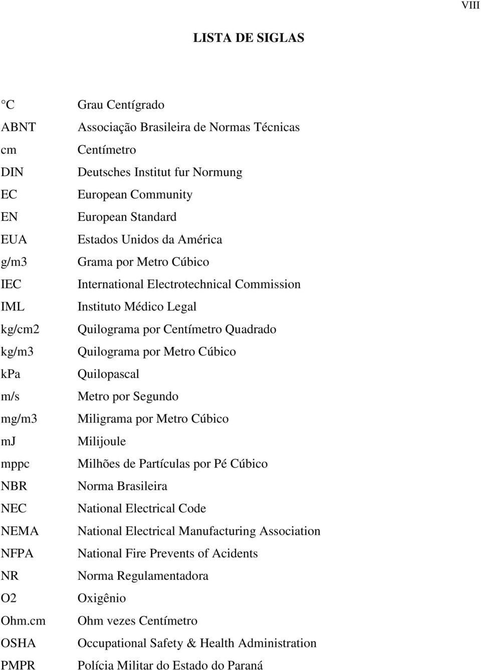 Quilopascal m/s Metro por Segundo mg/m3 Miligrama por Metro Cúbico mj Milijoule mppc Milhões de Partículas por Pé Cúbico NBR Norma Brasileira NEC National Electrical Code NEMA National Electrical