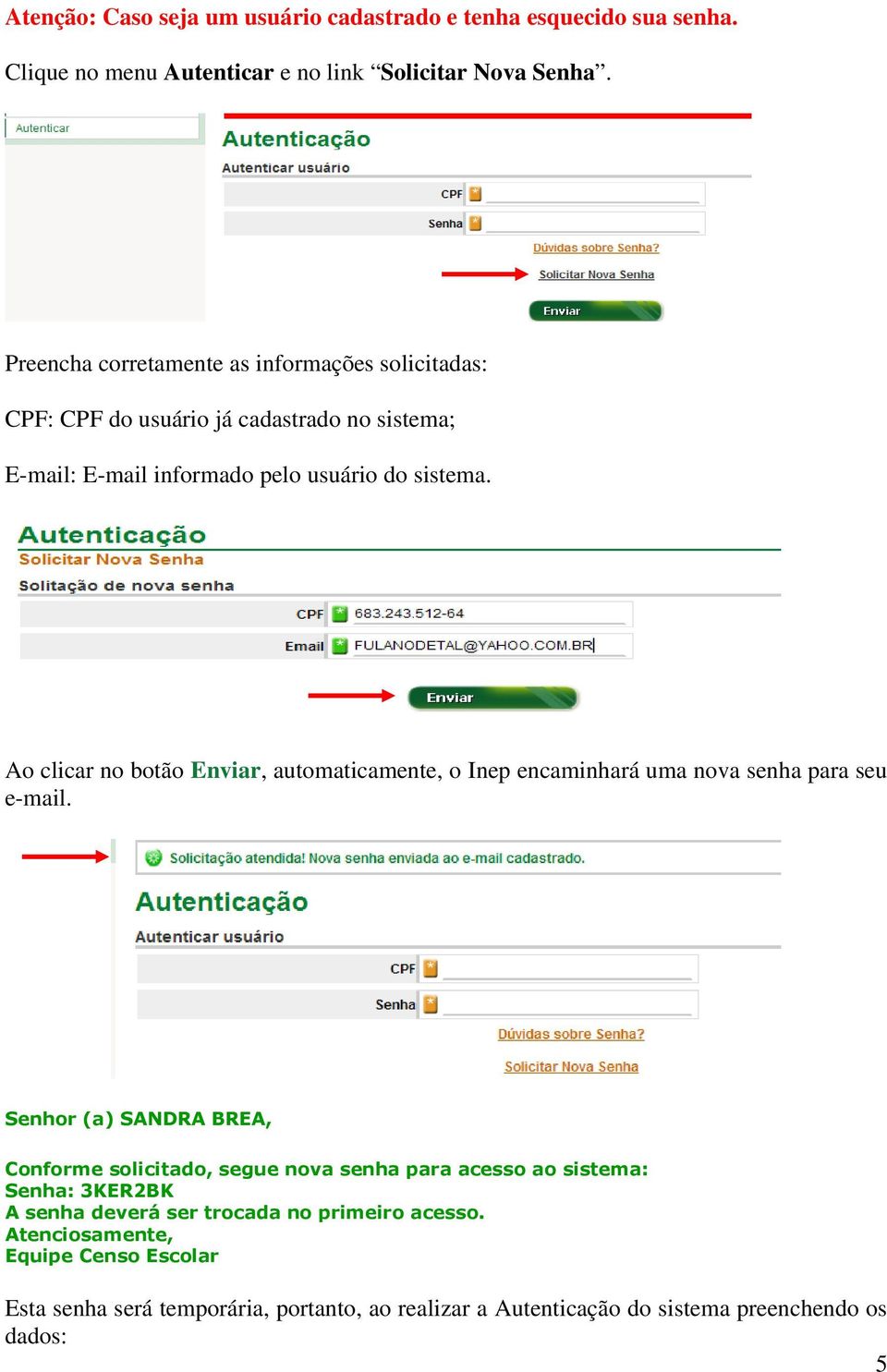 Ao clicar no botão Enviar, automaticamente, o Inep encaminhará uma nova senha para seu e-mail.