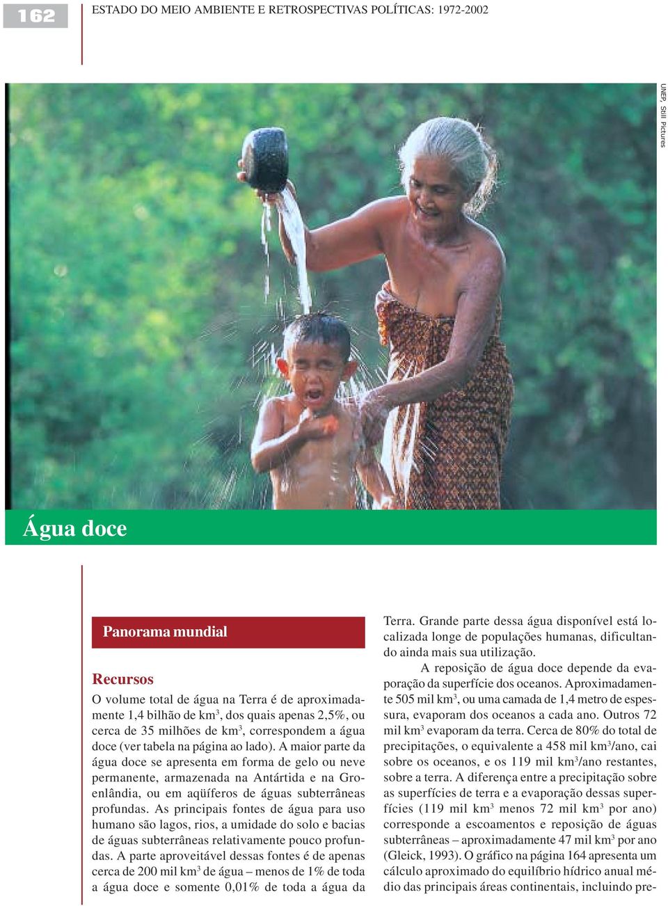 A maior parte da água doce se apresenta em forma de gelo ou neve permanente, armazenada na Antártida e na Groenlândia, ou em aqüíferos de águas subterrâneas profundas.