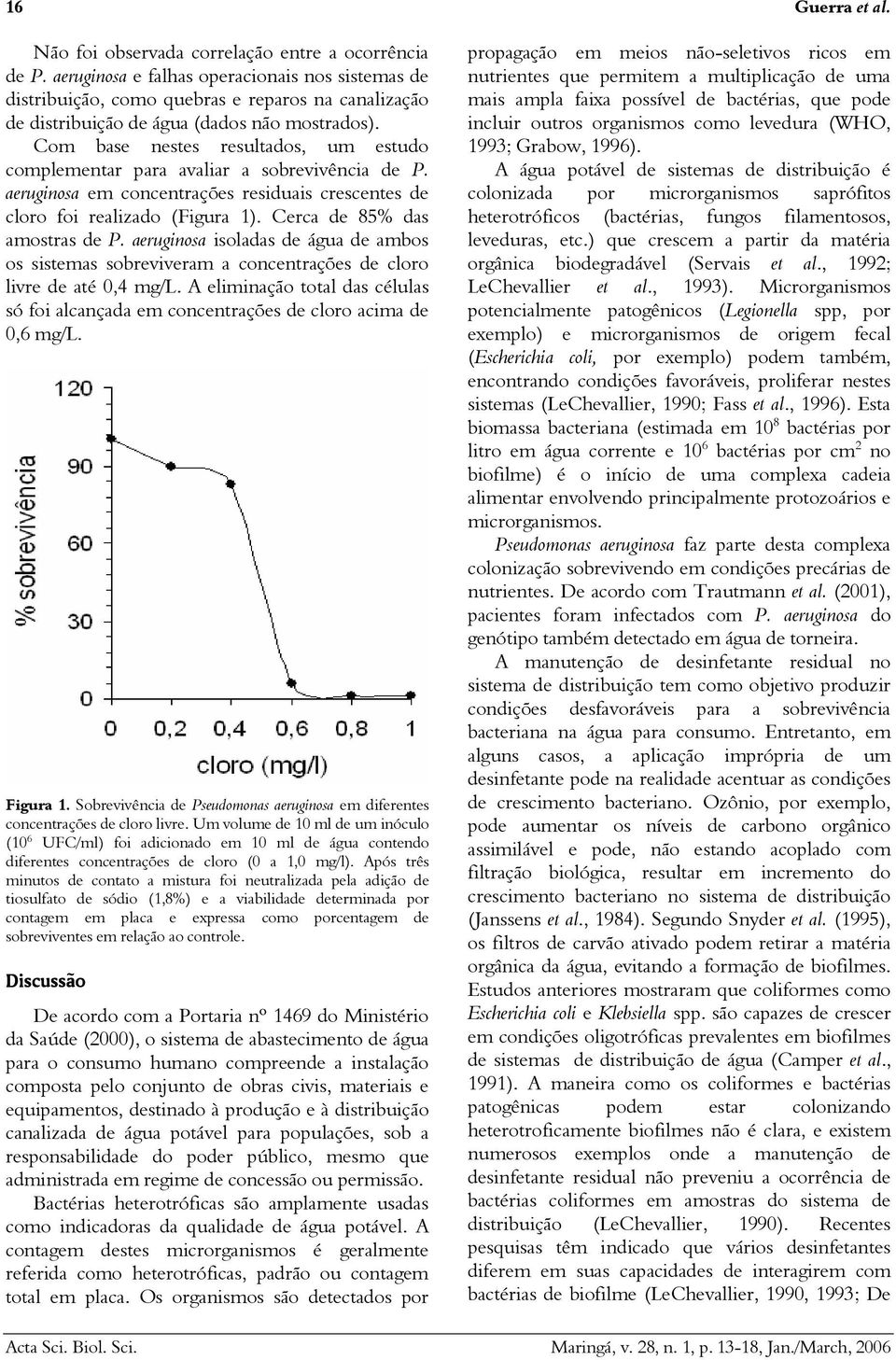 Com base nestes resultados, um estudo complementar para avaliar a sobrevivência de P. aeruginosa em concentrações residuais crescentes de cloro foi realizado (Figura 1).