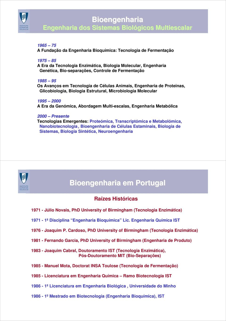 1995 2000 A Era da Genómica, Abordagem Multi-escalas, Engenharia Metabólica 2000 Presente Tecnologias Emergentes: Proteómica, Transcriptómica e Metabolómica, Nanobiotecnologia, Bioengenharia de