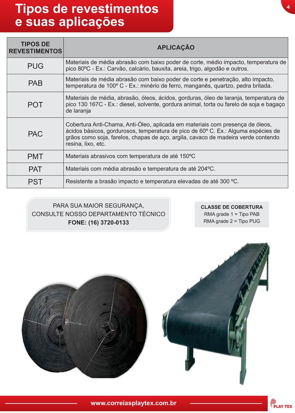 : minério de ferro, manganês, quartzo, pedra britada. POT Materiais de média, abrasão, óleos, ácidos, gorduras, óleo de laranja, temperatura de pico 10 17C Ex.