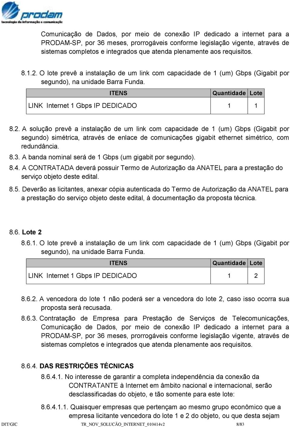 ITENS Quantidade Lote LINK Internet 1 Gbps IP DEDICADO 1 1 8.2.