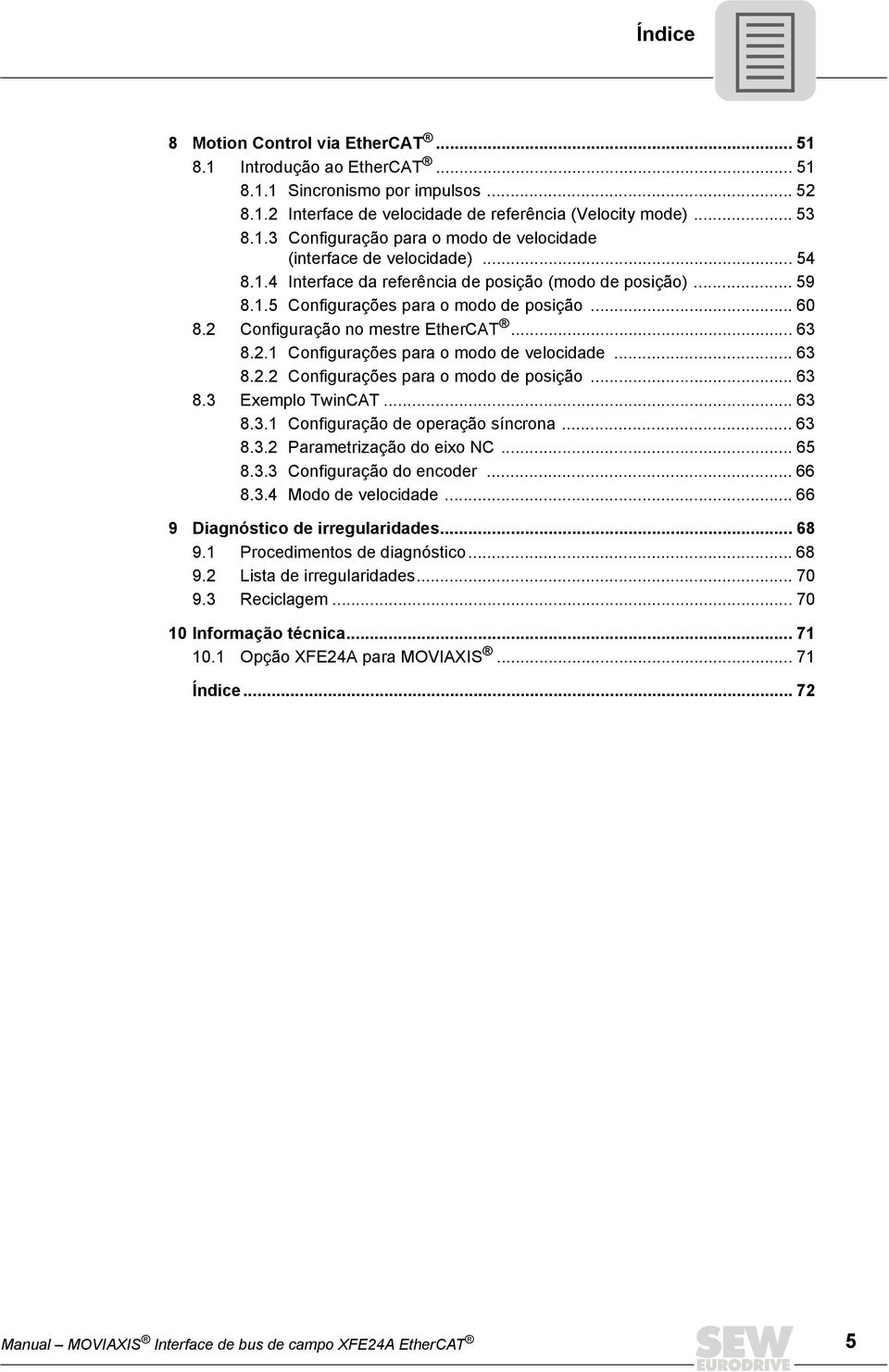 .. 63 8.2.2 Configurações para o modo de posição... 63 8.3 Exemplo TwinCAT... 63 8.3.1 Configuração de operação síncrona... 63 8.3.2 Parametrização do eixo NC... 65 8.3.3 Configuração do encoder.