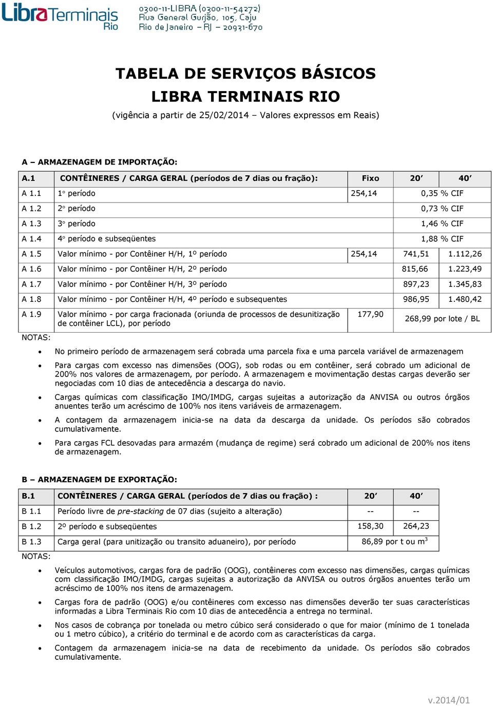 5 Valor mínimo - por Contêiner H/H, 1º período 254,14 741,51 1.112,26 A 1.6 Valor mínimo - por Contêiner H/H, 2º período 815,66 1.223,49 A 1.7 Valor mínimo - por Contêiner H/H, 3º período 897,23 1.