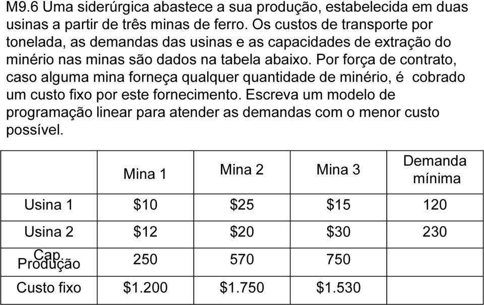 Por força de contrato, caso alguma mina forneça qualquer quantidade de minério, é cobrado um custo fixo por este fornecimento.