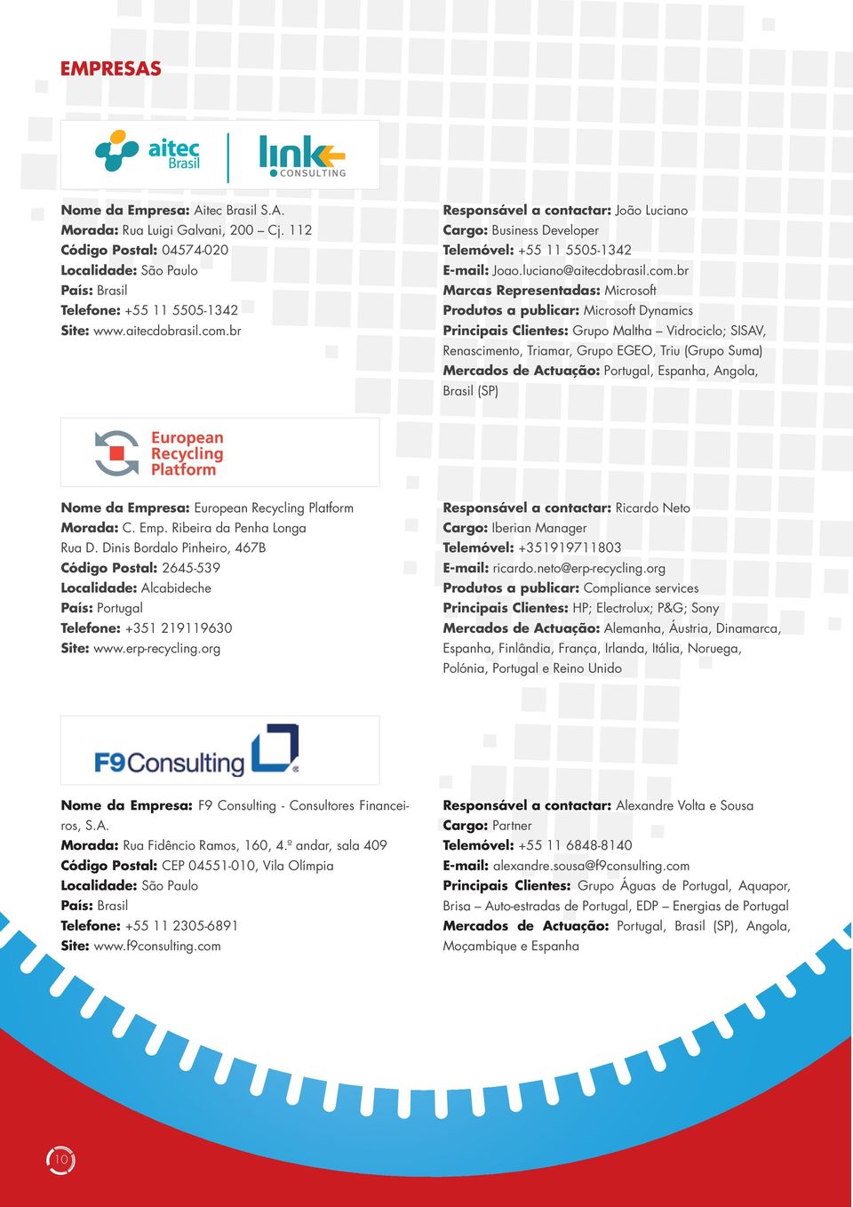 br Marcas Representadas: Microsoft Produtos a publicar: Microsoft Dynamics Principais Clientes: Grupo Maltha Vidrociclo; SISAV, Renascimento, Triamar, Grupo EGEO, Triu (Grupo Suma) Mercados de