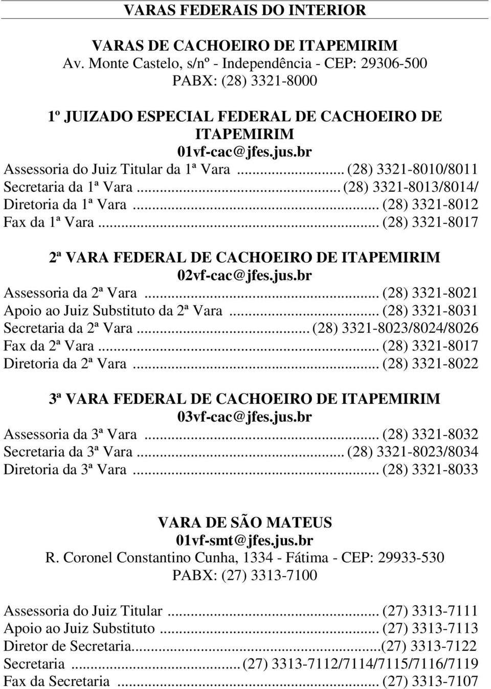 .. (28) 3321-8010/8011 Secretaria da 1ª Vara... (28) 3321-8013/8014/ Diretoria da 1ª Vara... (28) 3321-8012 Fax da 1ª Vara... (28) 3321-8017 2ª VARA FEDERAL DE CACHOEIRO DE ITAPEMIRIM 02vf-cac@jfes.