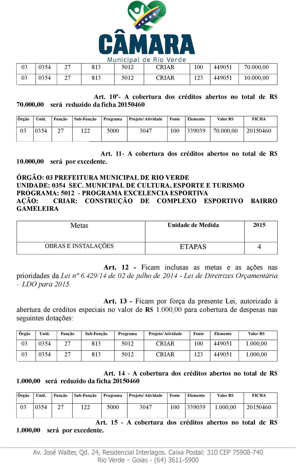 PROGRAMA: 5012 - PROGRAMA EXCELENCIA ESPORTIVA AÇÃO: CRIAR: CONSTRUÇÃO DE COMPLEXO ESPORTIVO BAIRRO GAMELEIRA OBRAS E INSTALAÇÕES ETAPAS 4 Art. 12 - Ficam inclusas as metas e as ações nas Art.