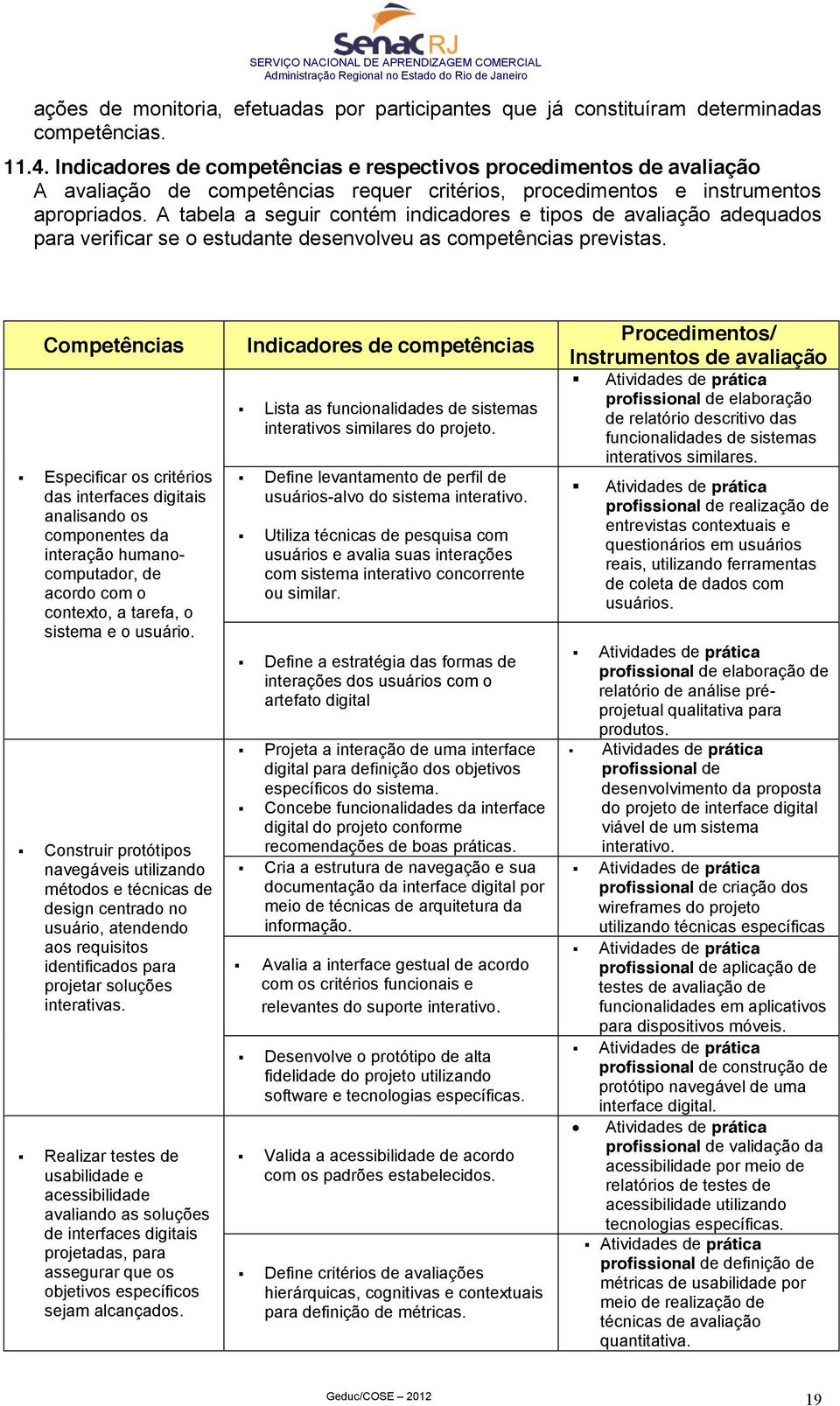 A tabela a seguir contém indicadores e tipos de avaliação adequados para verificar se o estudante desenvolveu as competências previstas.