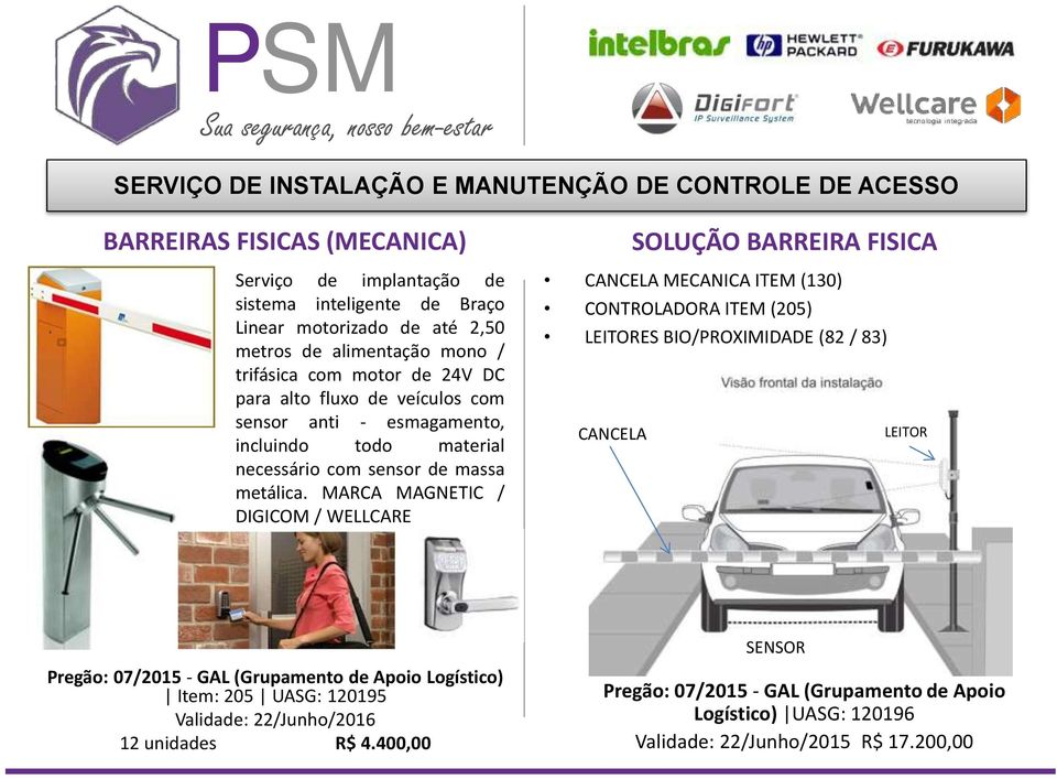 MARCA MAGNETIC / DIGICOM / WELLCARE SOLUÇÃO BARREIRA FISICA CANCELA MECANICA ITEM (130) CONTROLADORA ITEM (205) LEITORES BIO/PROXIMIDADE (82 / 83) CANCELA LEITOR Pregão: 07/2015 - GAL