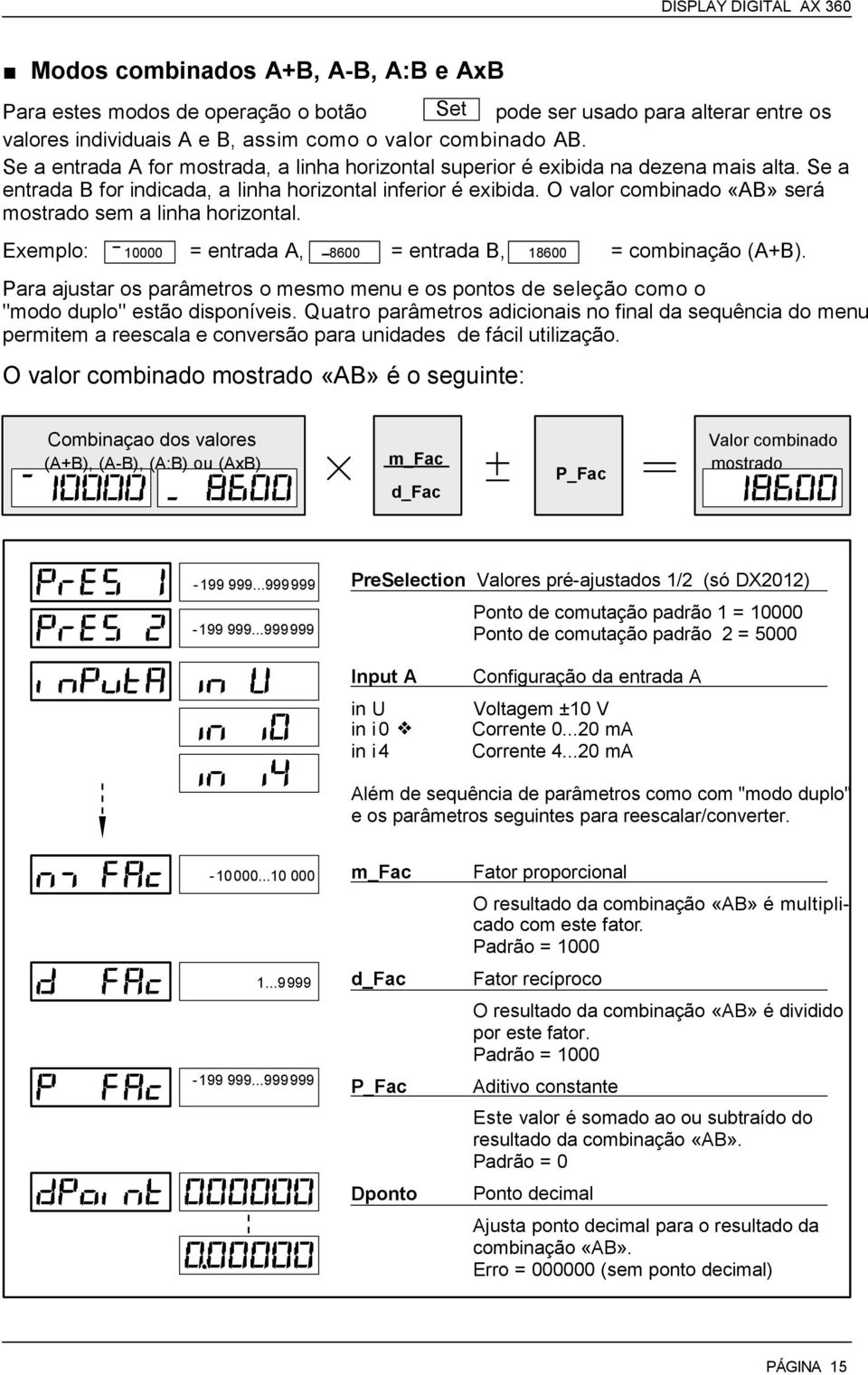 O valor combinado «AB» será mostrado sem a linha horizontal. Exemplo: 10000 = entrada A, 8600 = entrada B, 18600 = combinação (A+B).