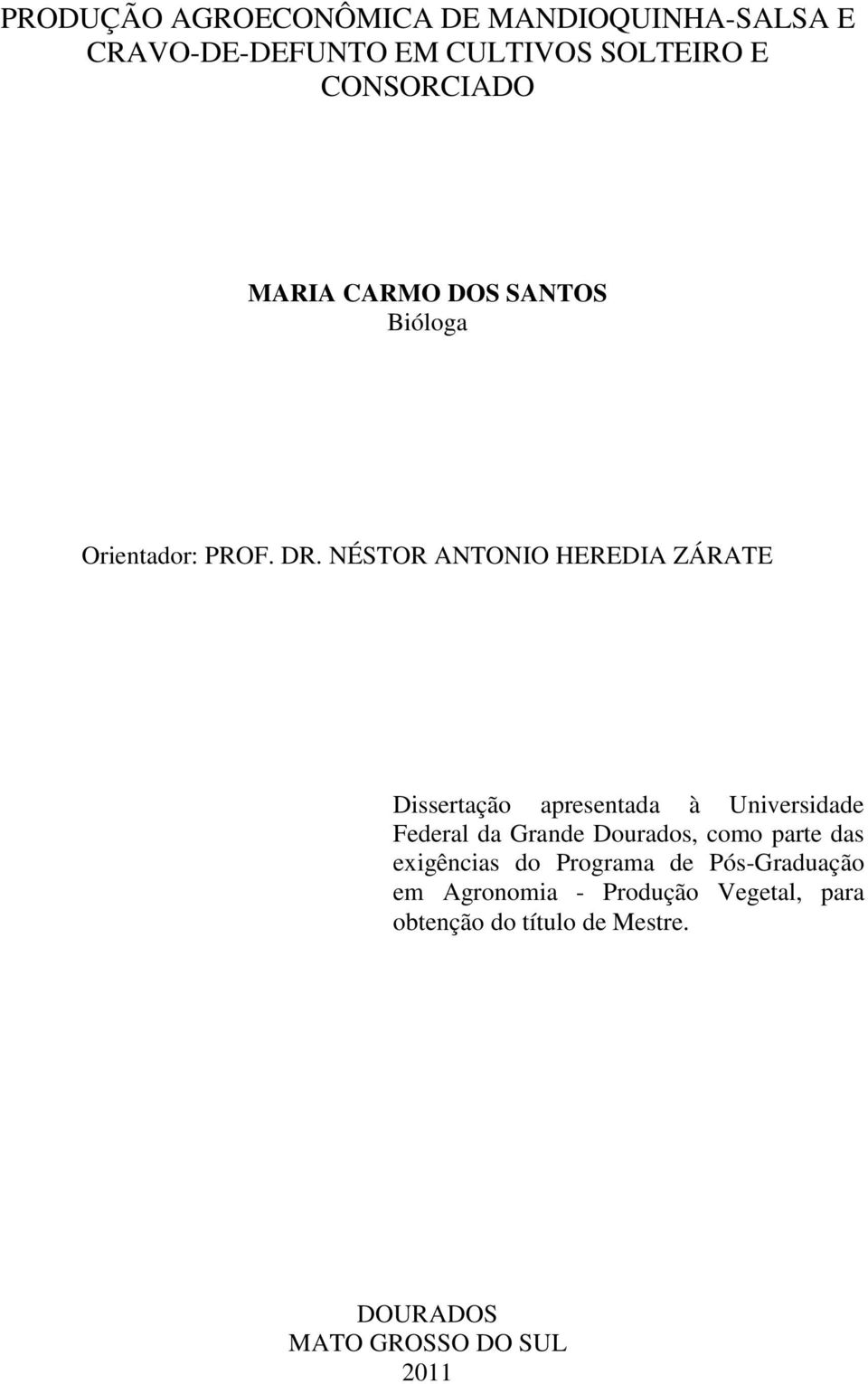 NÉSTOR ANTONIO HEREDIA ZÁRATE Dissertação apresentada à Universidade Federal da Grande Dourados,