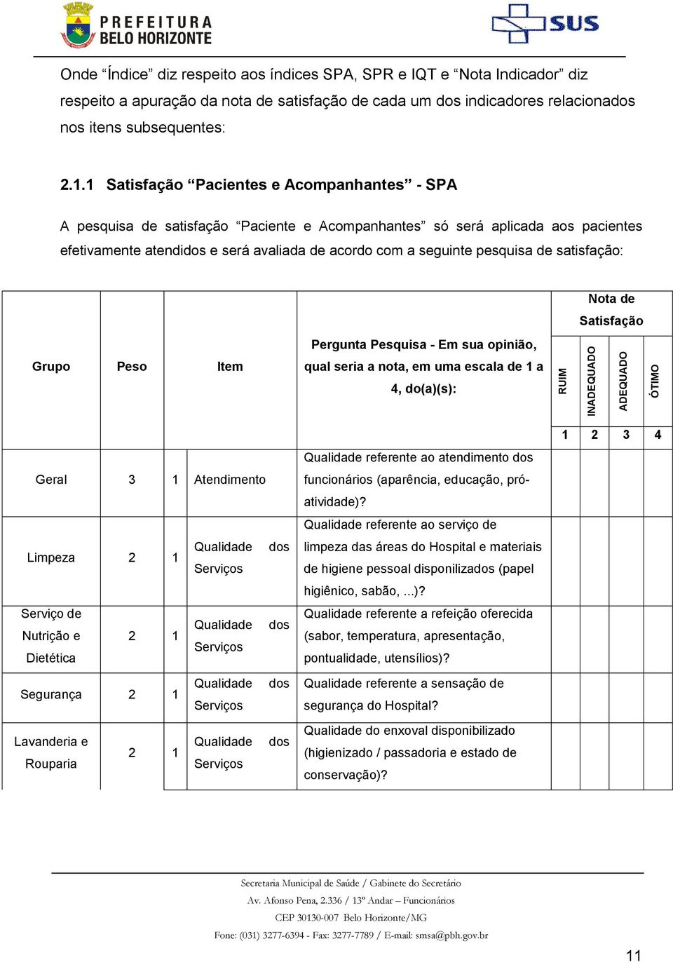 . Satisfação Pacientes e Acompanhantes - SPA A pesquisa de satisfação Paciente e Acompanhantes só será aplicada aos pacientes efetivamente atendidos e será avaliada de acordo com a seguinte pesquisa