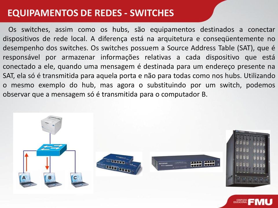 Os switches possuem a Source Address Table (SAT), que é responsável por armazenar informações relativas a cada dispositivo que está conectado a ele, quando uma
