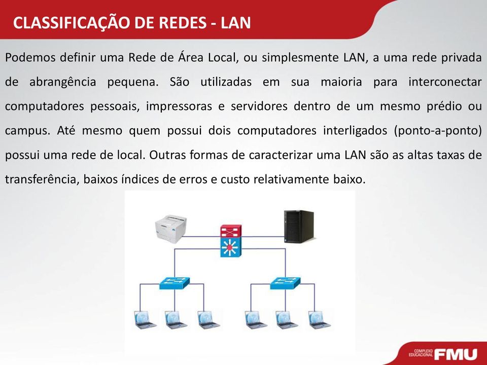 São utilizadas em sua maioria para interconectar computadores pessoais, impressoras e servidores dentro de um mesmo prédio