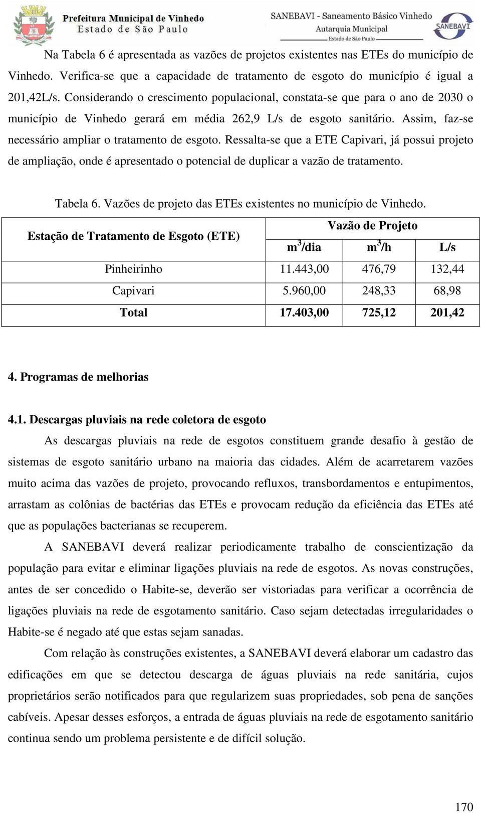 Assim, faz-se necessário ampliar o tratamento de esgoto. Ressalta-se que a ETE Capivari, já possui projeto de ampliação, onde é apresentado o potencial de duplicar a vazão de tratamento. Tabela 6.