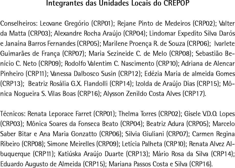 Neto (CRP09); Rodolfo Valentim C. Nascimento (CRP10); Adriana de Alencar Pinheiro (CRP11); Vanessa Dalbosco Susin (CRP12); Edézia Maria de almeida Gomes (CRP13); Beatriz Rosália G.X.