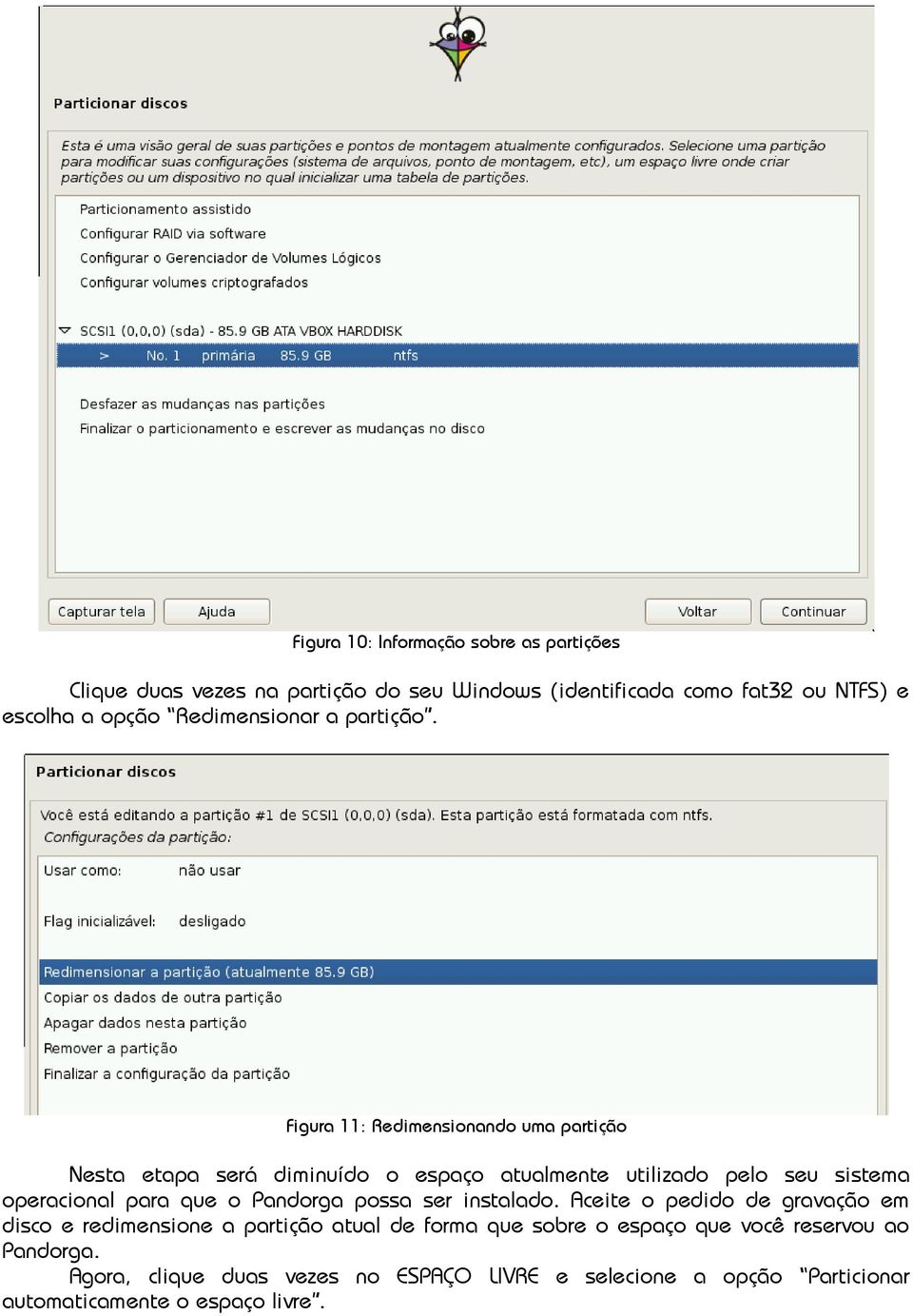 Figura 11: Redimensionando uma partição Nesta etapa será diminuído o espaço atualmente utilizado pelo seu sistema operacional para que o