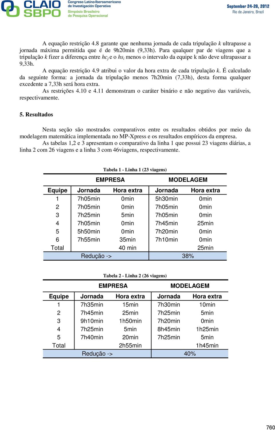 9 atribui o valor da hora extra de cada tripulação k. É calculado da seguinte forma: a jornada da tripulação menos 7h20min (7,33h), desta forma qualquer excedente a 7,33h será hora extra.