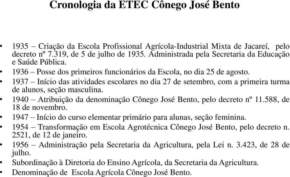 19 Atribuição da nominação Cônego José Bento, pelo creto nº 11.588, 18 novembro. 1947 Início do curso elementar primário para alunas, seção feminina.