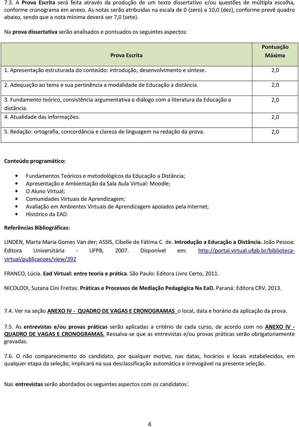 Na prova dissertativa serão analisados e pontuados os seguintes aspectos: Prova Escrita Pontuação Máxima 1. Apresentação estruturada do conteúdo: introdução, desenvolvimento e síntese. 2,0 2.