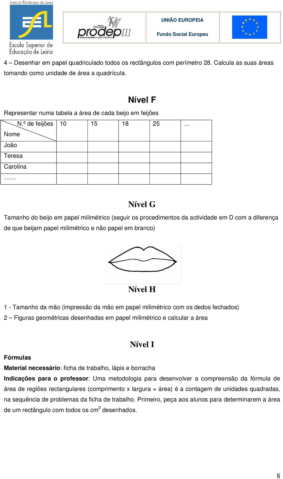 º de feijões 10 15 18 25 Nome João Teresa Carolina Nível G Tamanho do beijo em papel milimétrico (seguir os procedimentos da actividade em D com a diferença de que beijam papel milimétrico e não