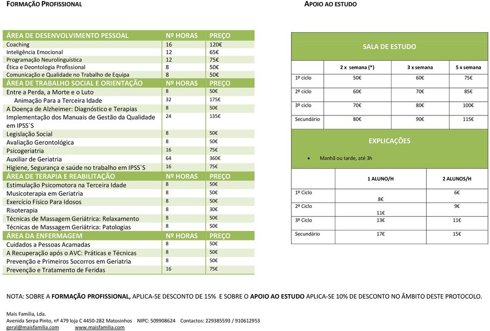 Alzheimer: Diagnóstico e Terapias 8 50 Implementação dos Manuais de Gestão da Qualidade 24 1 em IPSS`S Legislação Social 8 50 Avaliação Gerontológica 8 50 Psicogeriatria 16 75 Auxiliar de Geriatria