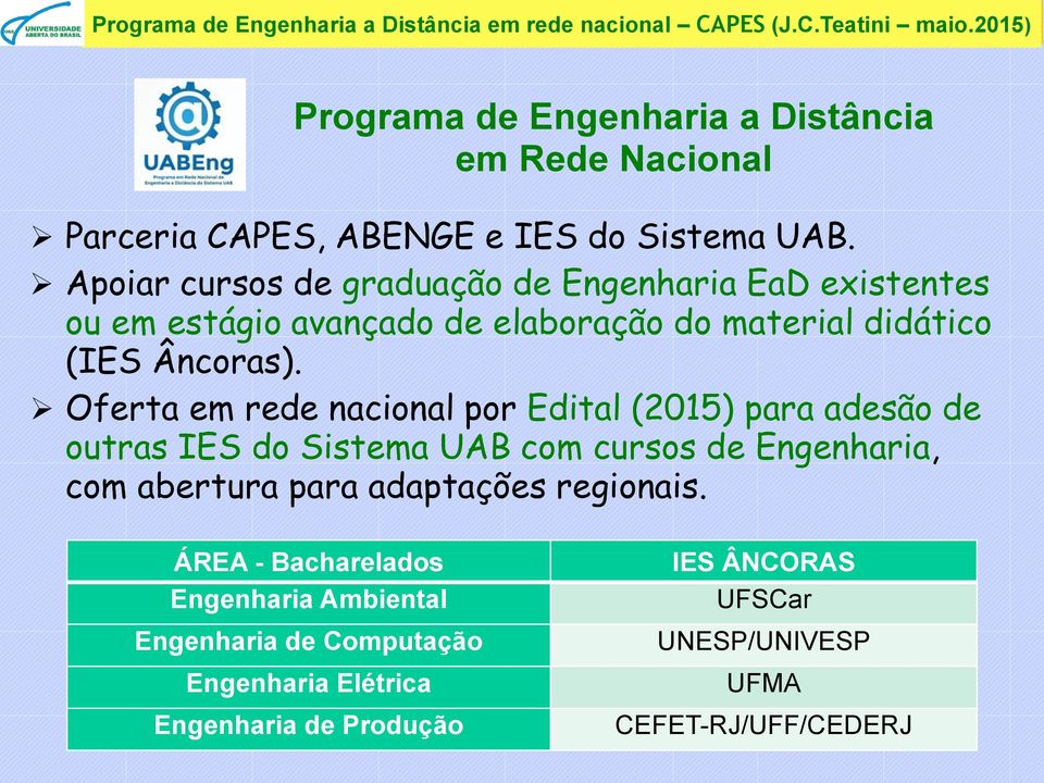 Oferta em rede nacional por Edital (2015) para adesão de outras IES do Sistema UAB com cursos de Engenharia, com abertura para